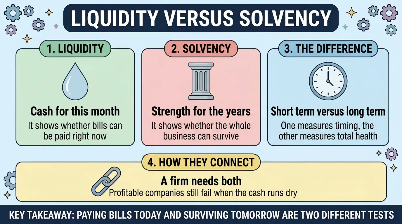 Four panels separating liquidity (cash to pay this month bills) from solvency (strength to survive for years), and why profitable firms still fail once the cash runs dry.