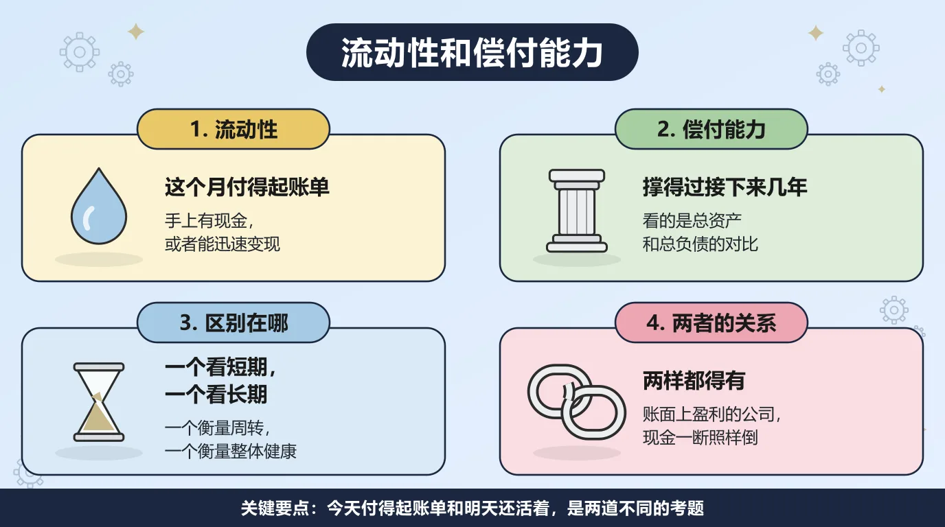 流动性和偿付能力的四点区别：流动性是这个月付得起账单的能力，看的是手上有没有现金，或者能不能迅速变现；偿付能力是撑得过接下来几年的能力，看的是总资产和总负债的对比；一个看短期的周转，一个看长期的整体健康；两样都得有，账面上盈利的公司，现金一断照样倒。