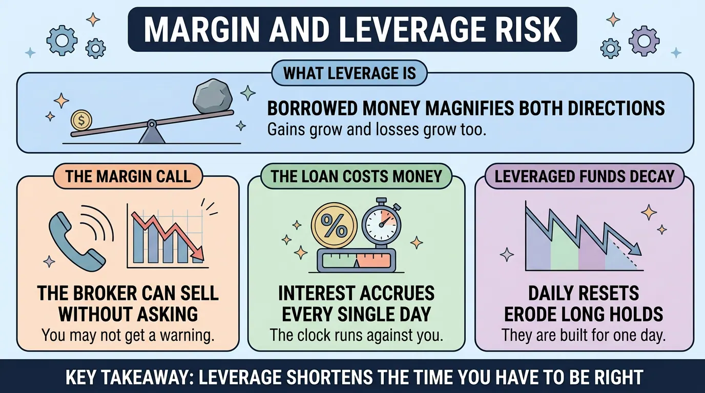 Leverage magnifies gains and losses alike, then three risks: a margin call the broker can act on without asking, daily interest on the loan, and decay in leveraged funds held long.