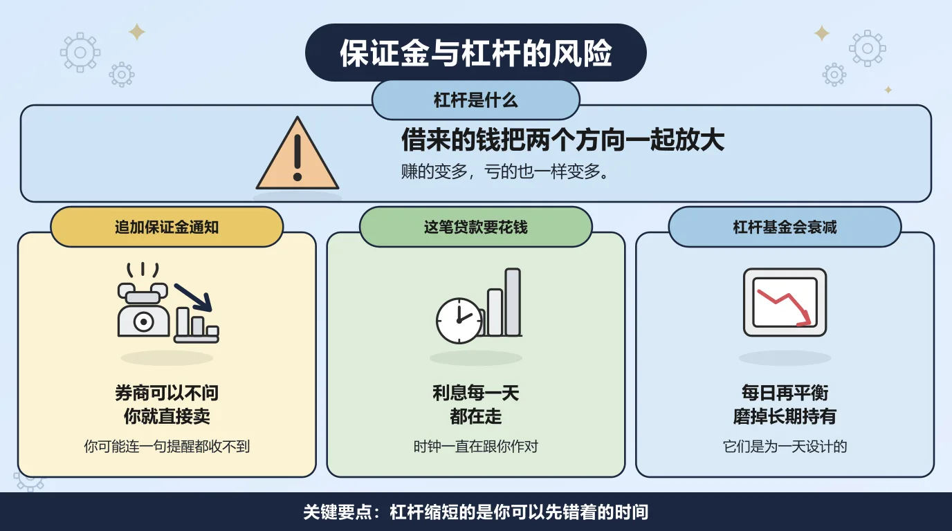 保证金与杠杆的风险：杠杆就是借来的钱把两个方向一起放大，赚的变多，亏的也一样变多；追加保证金通知来了，券商可以不问你就直接卖，你可能连一句提醒都收不到；这笔贷款的利息每一天都在走，时钟一直在跟你作对；杠杆基金每日再平衡会磨掉长期持有的收益，它们是为一天设计的。杠杆缩短的是你可以先错着的时间。