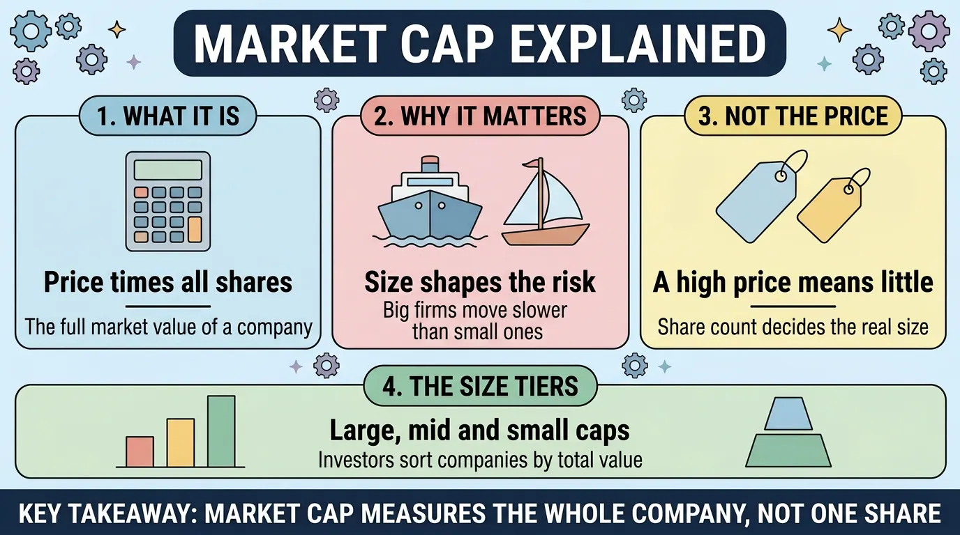 Four panels on market cap: price times all shares gives a company full value, size shapes risk, a high share price means little, and firms sort into large, mid and small caps.