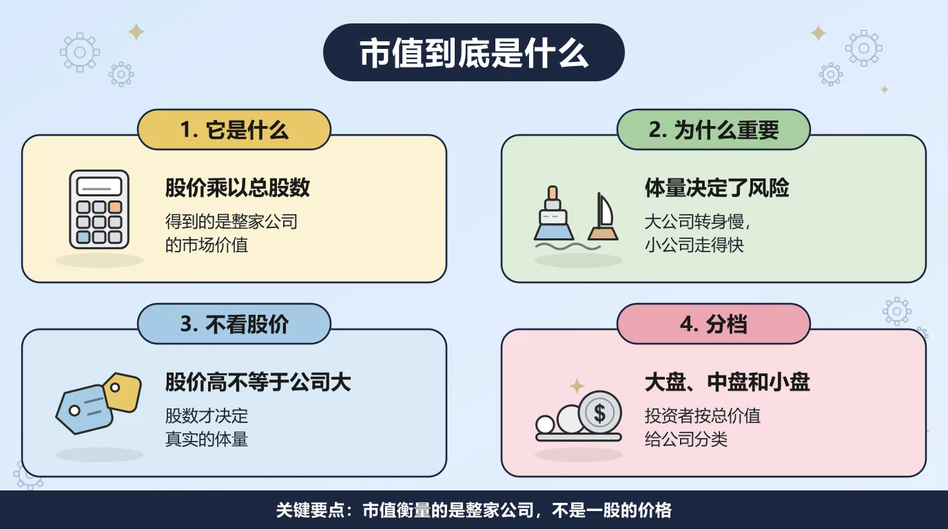 关于市值的四件事：市值等于股价乘以在外流通的总股数，得到的是整家公司的市场价值；体量决定了风险，大公司转身比小公司慢；股价高不等于公司大，股数才决定真实的体量；投资者按总价值把公司分成大盘、中盘和小盘。