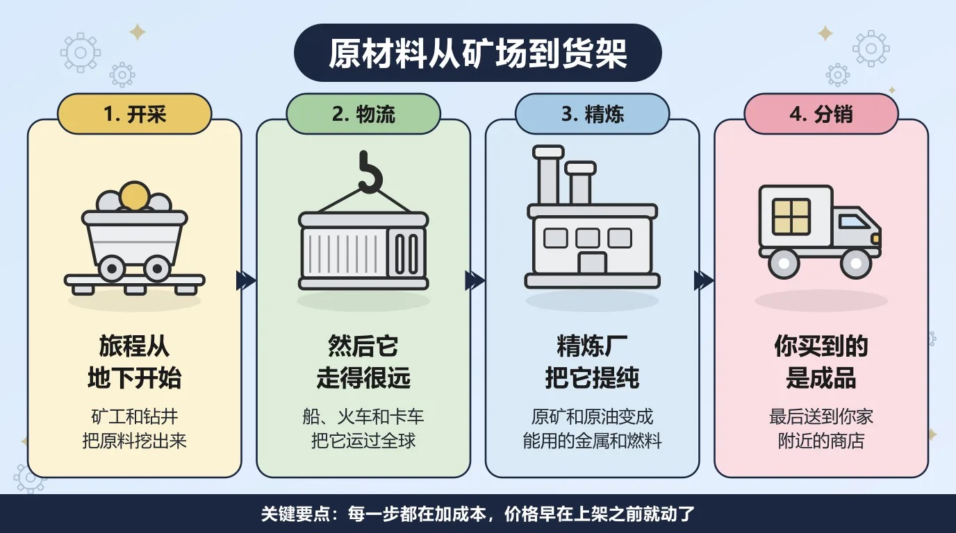 原材料从矿场到货架的四步：开采环节，矿工和钻井把原料从地下挖出来；物流环节，船、火车和卡车把它运过全球；精炼环节，原矿和原油被提纯成能用的金属和燃料；分销环节，成品送到你家附近的商店。每一步都在加成本，价格早在上架之前就动了。