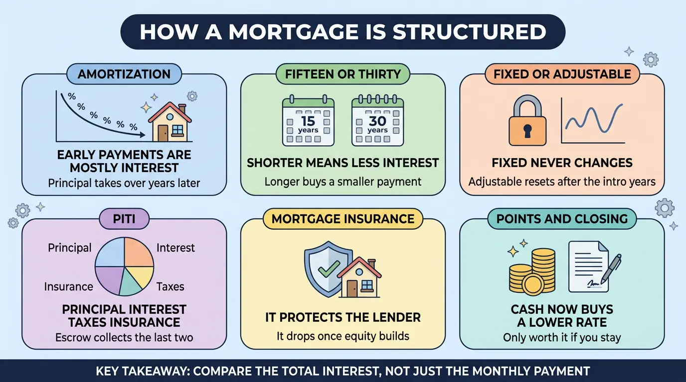 Six panels on mortgage structure: amortization charging interest first, fifteen versus thirty years, fixed versus adjustable, the PITI payment pie, mortgage insurance, and points at closing.