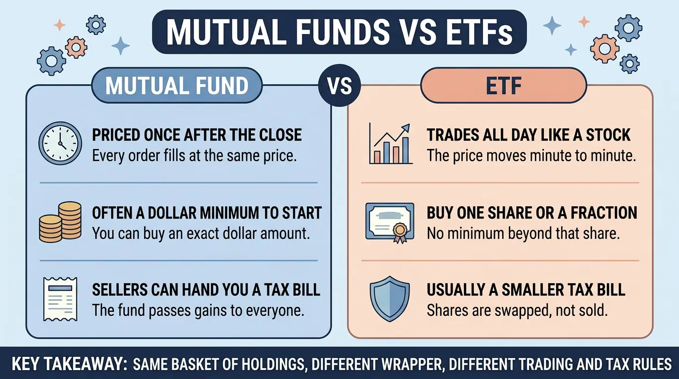 Side by side comparison showing mutual funds priced once after the close, bought in dollar amounts and able to pass on tax bills, against ETFs that trade all day, sell by the share and are usually more tax efficient.