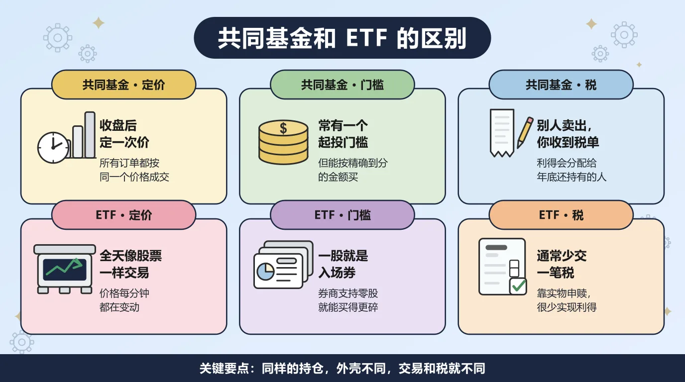 共同基金和 ETF 的六点对比：共同基金收盘后一天只定一次价，常有起投门槛但能按精确到分的金额买，还可能把资本利得分配转嫁给从没卖过的持有人；ETF 全天在交易所交易，最小单位是一股或者零股，靠实物申赎通常能少交一笔税。