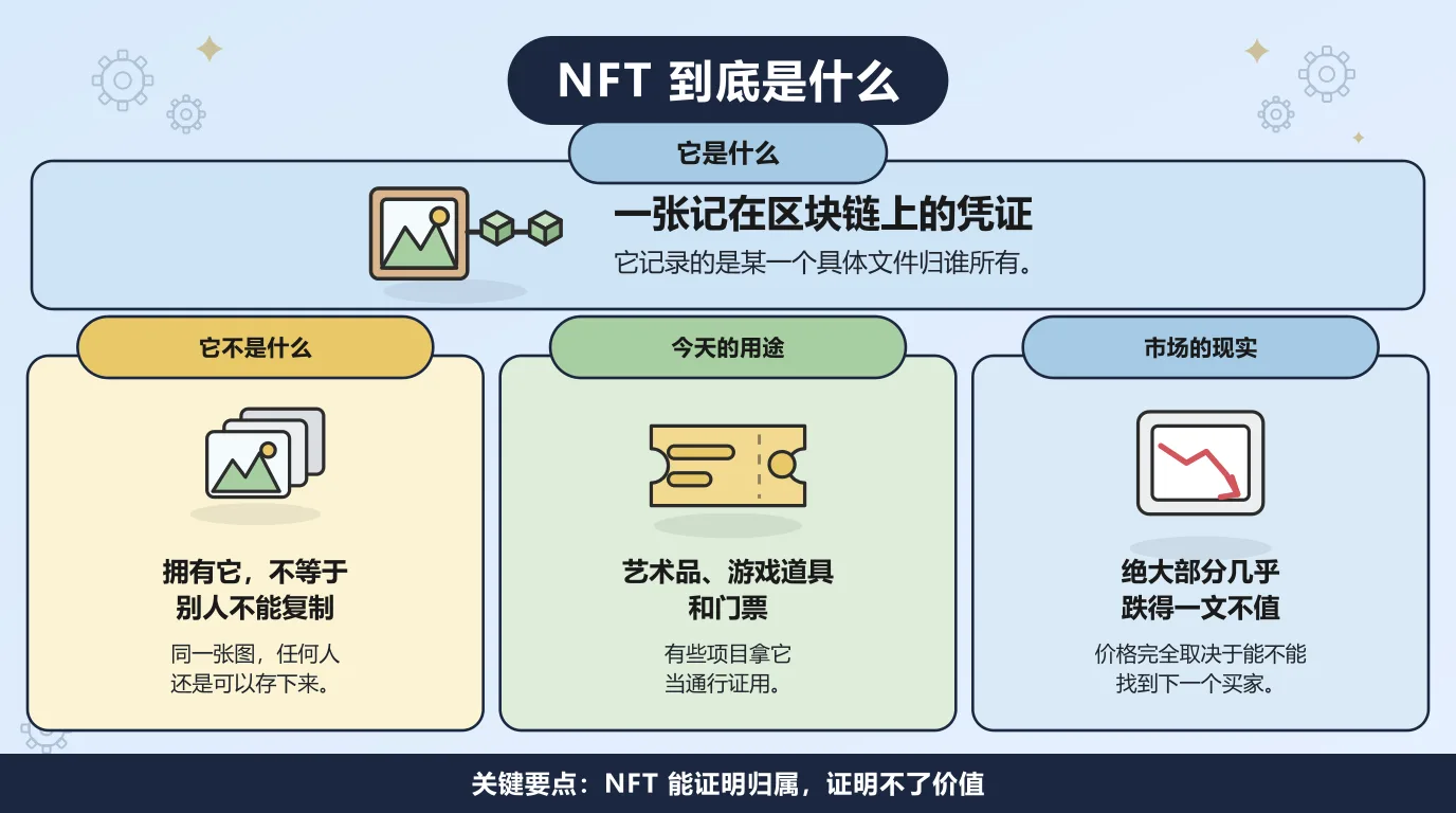 NFT 到底是什么：它是一张记在区块链上的凭证，记录某一个具体文件归谁所有；拥有它并不等于别人不能复制，同一张图任何人还是可以存下来；今天它被用在艺术品、游戏道具和门票上，有些项目拿它当通行证；但市场的现实是绝大部分几乎跌得一文不值，价格完全取决于能不能找到下一个买家。