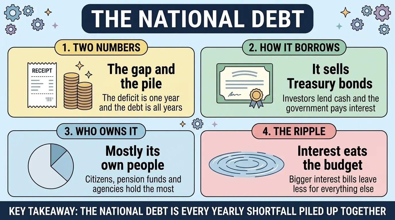 Four panels on the national debt: the yearly deficit versus the accumulated pile, borrowing through Treasury bonds, mostly domestic holders, and interest bills crowding out the budget.
