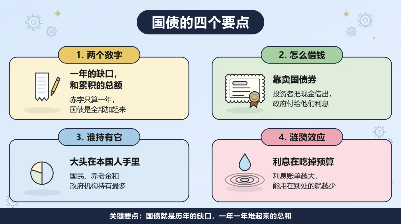 国债的四个要点：赤字是一年的缺口，国债是历年缺口累积起来的总额；政府靠发行国债券借钱，投资者交出现金、政府支付利息；这笔债的大头握在本国人手里，国民、养老金和政府机构持有最多；而利息账单越滚越大，预算里能用在别处的钱就越少。