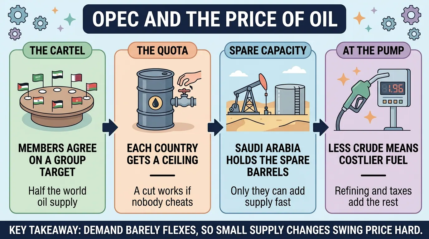 Four step flow from the OPEC cartel to a group target, per country quotas, Saudi spare capacity, and the pump price, with the point that barely flexing demand makes small supply changes swing price.