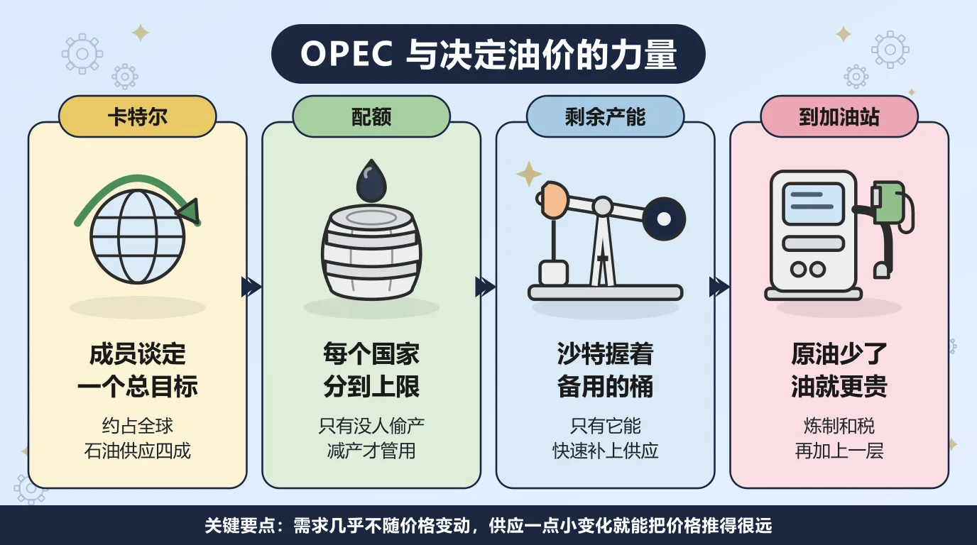 OPEC 决定油价的四个环节：卡特尔成员先谈定一个总产量目标，加上 OPEC+ 的伙伴约占全球石油供应四成；再拆成每个国家的配额上限，只有没人偷产减产才管用；沙特握着大部分剩余产能，只有它能快速补上供应；最后传到加油站，原油少了油就更贵，炼制成本和税还要再加一层。需求几乎不随价格变动，所以供应上一点小变化就能把价格推得很远。