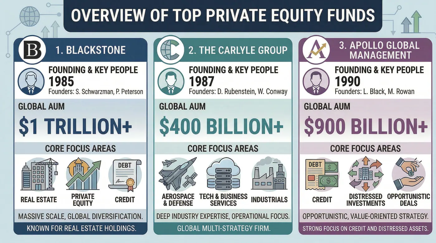 Profiles of Blackstone, Carlyle and Apollo side by side, each with founding year and founders, global assets under management, and core focus areas such as real estate, aerospace and credit.