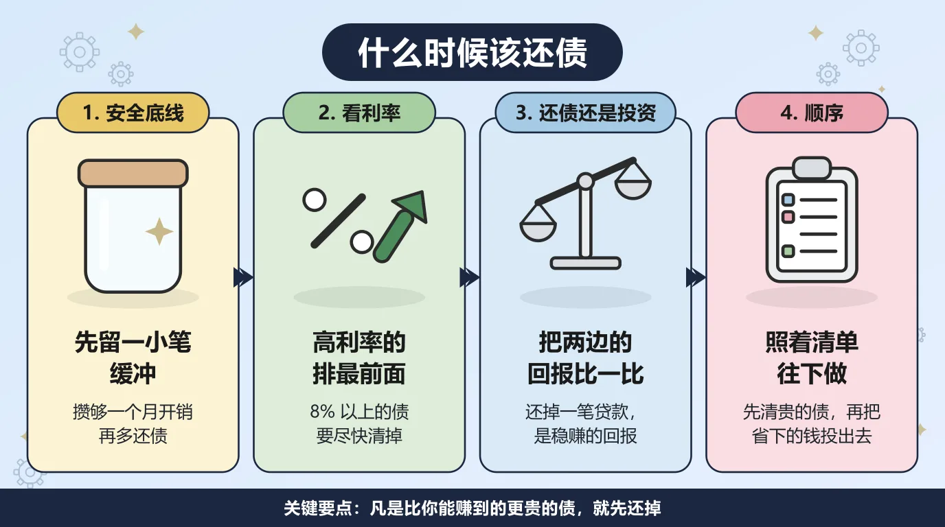 还债的四个步骤：先攒够一个月开销做缓冲再多还债，把高利率的债排在最前面，把还债的确定回报和投资的预期回报放在一起比，然后照着清单先清贵的债，再把省下的钱投出去。