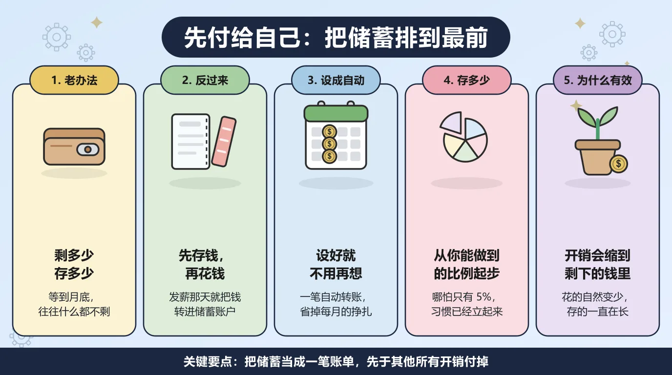 先付给自己的五个步骤：不要等到月底把剩下的钱存起来，而是发薪那天就把钱转进储蓄，再把这笔转账设成自动，比例从你能做到的地方起步，之后开销自然会缩到剩下的钱里。