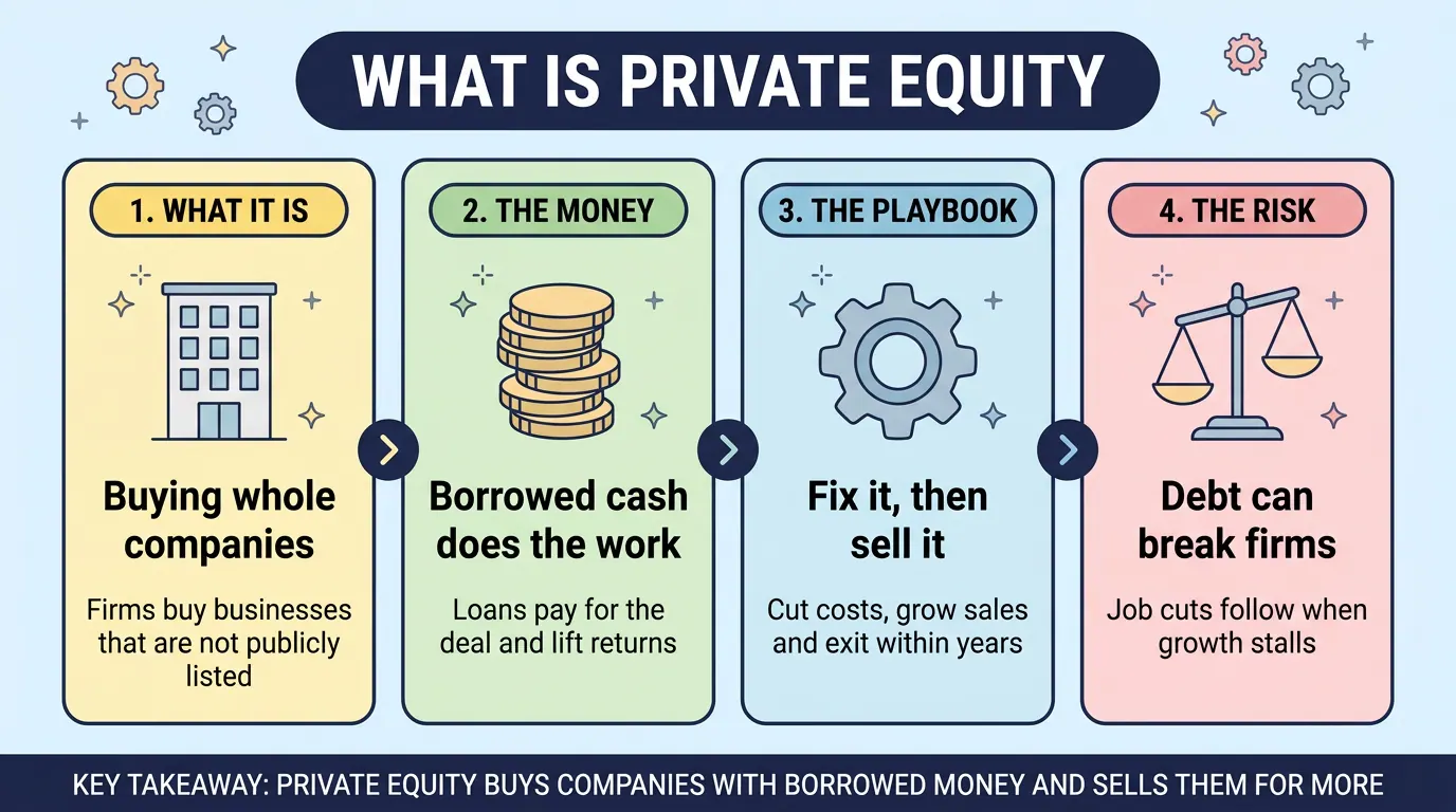 Four step flow of a private equity deal: buy a company that is not publicly listed, fund it with borrowed cash, cut costs and grow sales before exiting, with debt as the risk to the firm.