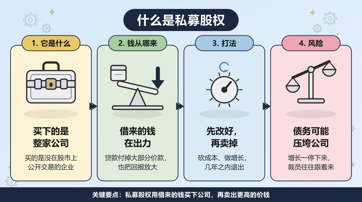 私募股权交易的四个步骤：买下没有在股市上公开交易的整家公司，用贷款付掉大部分价款并放大回报，砍成本、做增长，几年之内退出，而债务本身也是最大的风险，增长一停下来裁员往往跟着来。