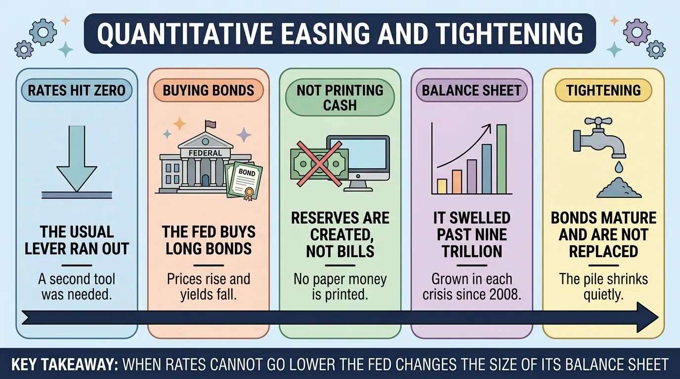 Five step strip on quantitative easing: rates hit zero, the Fed buys long bonds, reserves are created rather than cash printed, the balance sheet swells, then tightening quietly shrinks it.