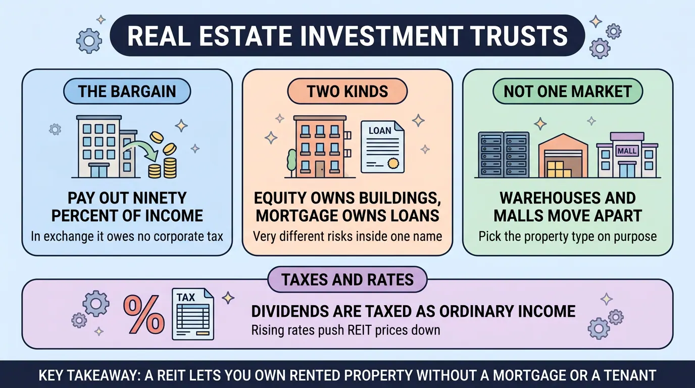 Four panels on REITs: they pay out ninety percent of income in exchange for owing no corporate tax, split into equity and mortgage types, vary widely by property sector, and pay dividends taxed as ordinary income.