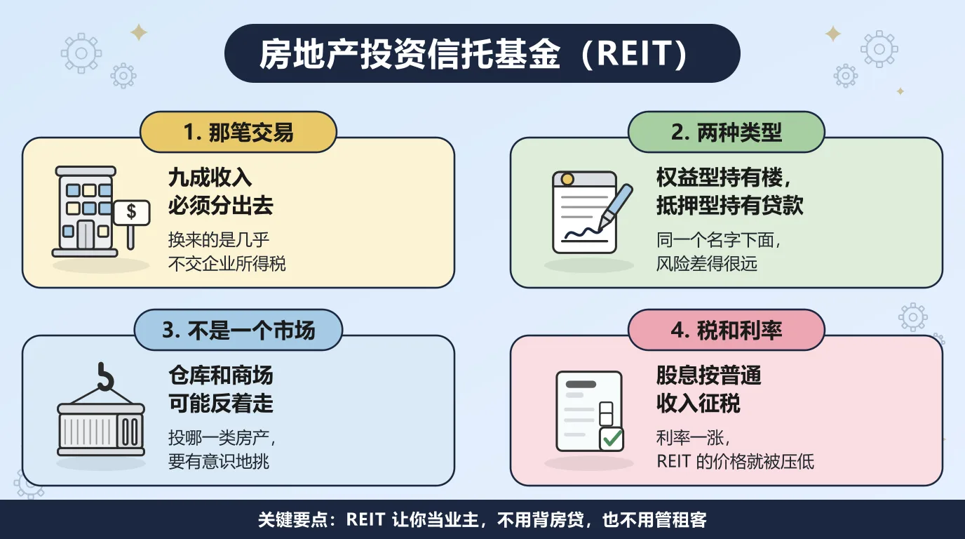 REIT 的四个方面：把至少 90% 的应税收入分给股东，换来几乎不交企业所得税；权益型 REIT 持有楼，抵押型 REIT 持有贷款；仓库和商场这些板块在同一年里可能朝相反方向走；股息按普通收入征税，利率上升还会压低 REIT 的价格。