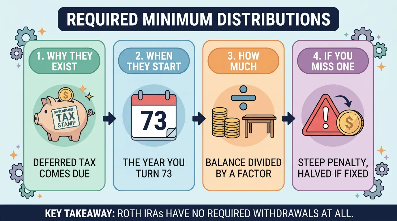 Four step diagram of required minimum distributions: deferred tax comes due, they start the year you turn 73, the amount is your balance divided by a factor, and missing one brings a steep penalty.