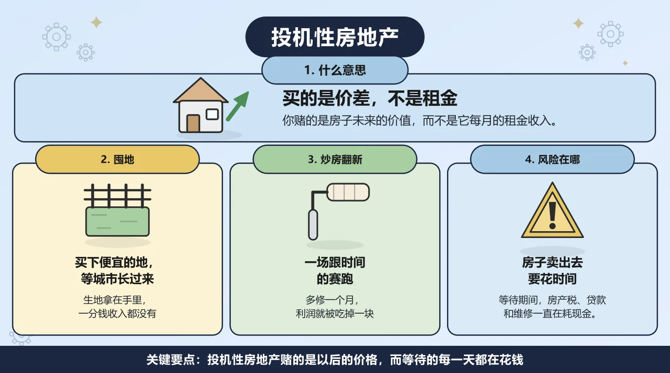 投机性房地产的四个方面：买的是价差而不是租金，赌的是房子未来的价值；囤地是买下便宜的地等城市长过来，而生地拿在手里一分钱收入都没有；炒房翻新是一场跟时间的赛跑，多修一个月利润就被吃掉一块；风险在于房子卖出去要花时间，等待期间房产税、贷款和维修一直在耗现金。