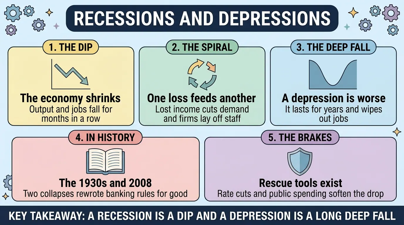 Five panels contrasting a recession, a dip in output and jobs, with a depression lasting years, plus the loss spiral, the 1930s and 2008, and the rate cuts and spending that soften a slump.