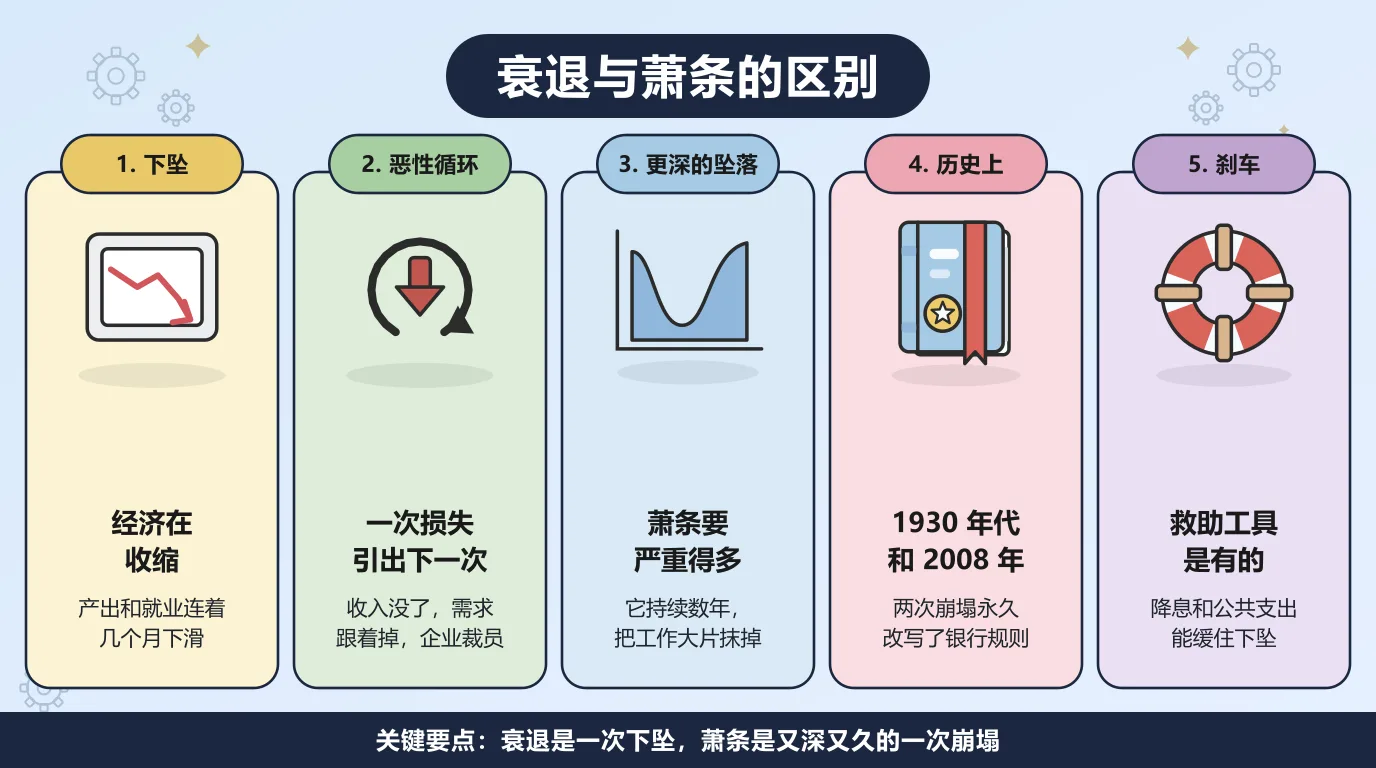 衰退和萧条的五个方面：衰退是经济收缩，产出和就业连着几个月下滑；一次损失会引出下一次，收入没了需求跟着掉、企业接着裁员；萧条严重得多，它持续数年并把工作大片抹掉；1930 年代和 2008 年这两次崩塌永久改写了银行规则；降息和公共支出这些救助工具能缓住下坠。
