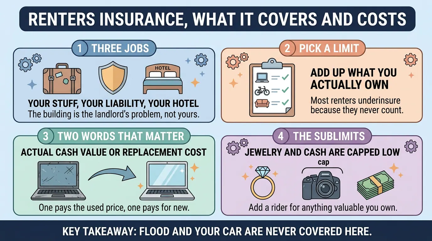 Four panels on renters insurance: it covers your belongings, liability and hotel stays, most renters underinsure, actual cash value versus replacement cost, and low caps on jewelry and cash.