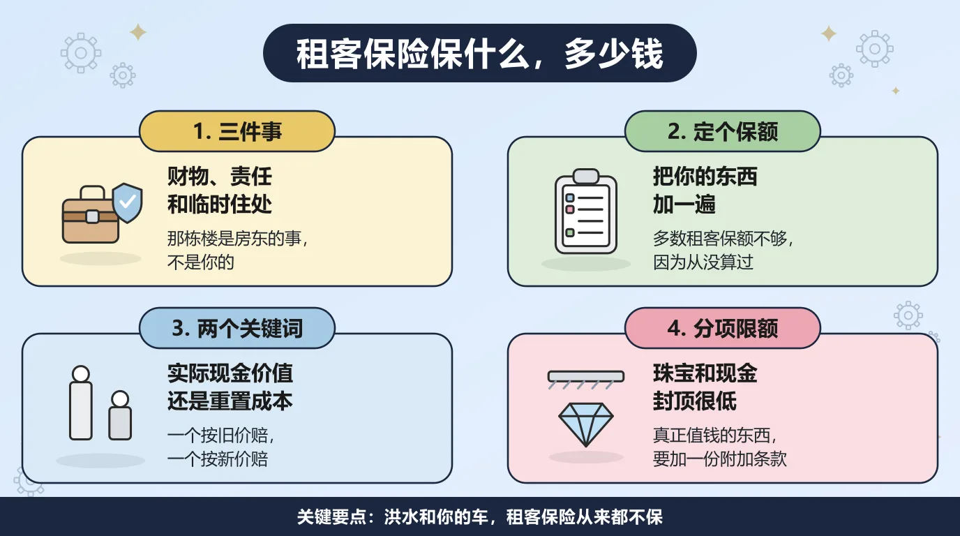 租客保险的四个要点：它管你的财物、你的责任和临时住处，那栋楼是房东的事；多数租客低估了自己家当的价值；选实际现金价值还是重置成本，决定你能拿到多少赔款；珠宝和现金的分项限额很低，真正值钱的东西要加一份附加条款。