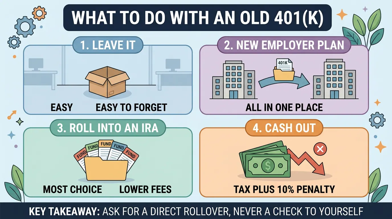 Four options for an old 401(k): leave it, move it to a new employer plan, roll it into an IRA for more choice and lower fees, or cash out and owe tax plus a 10% penalty.