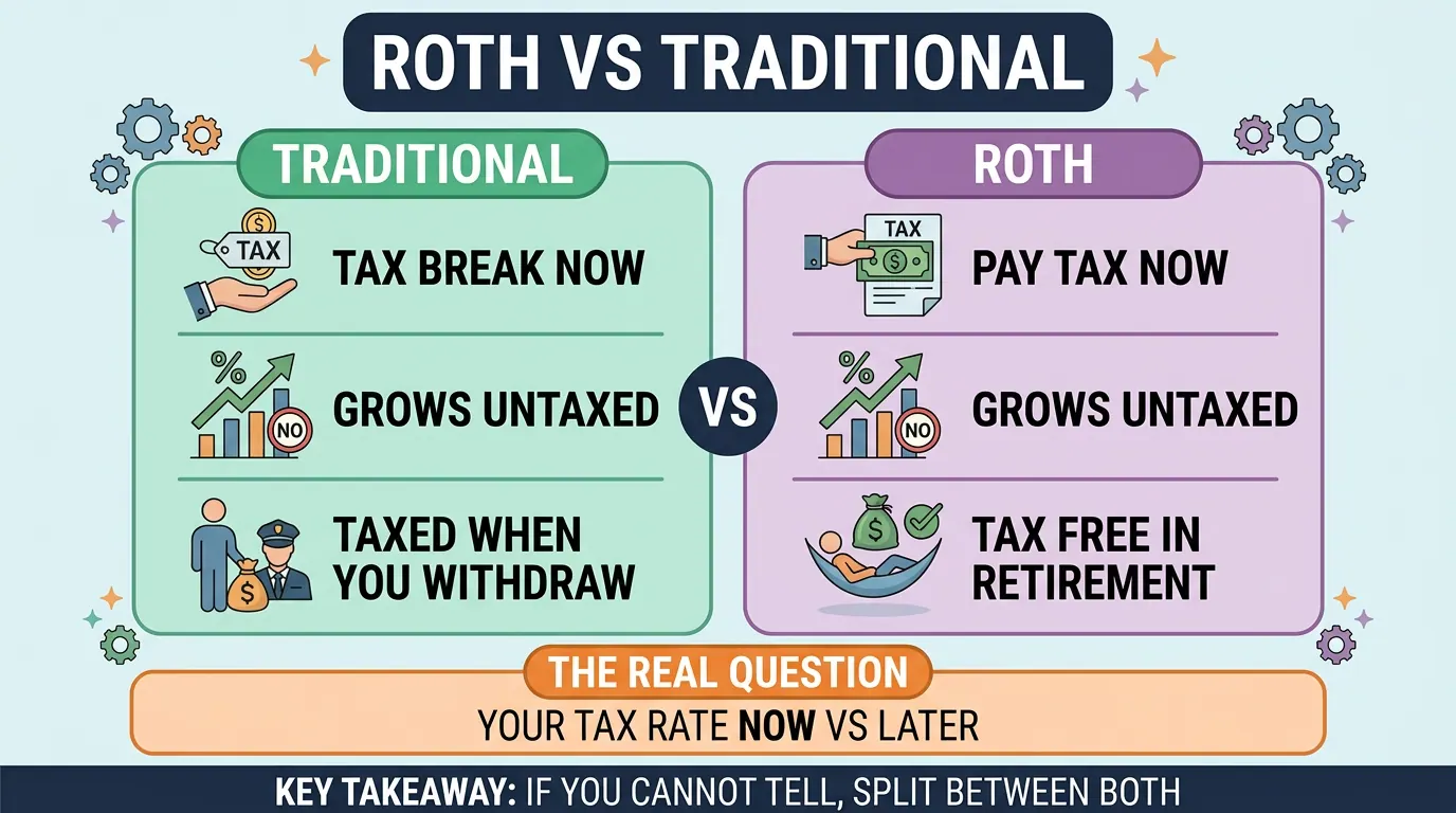 Side by side comparison: a traditional account gives a tax break now and is taxed at withdrawal, a Roth is taxed now and tax-free later, so the question is your tax rate now versus later.