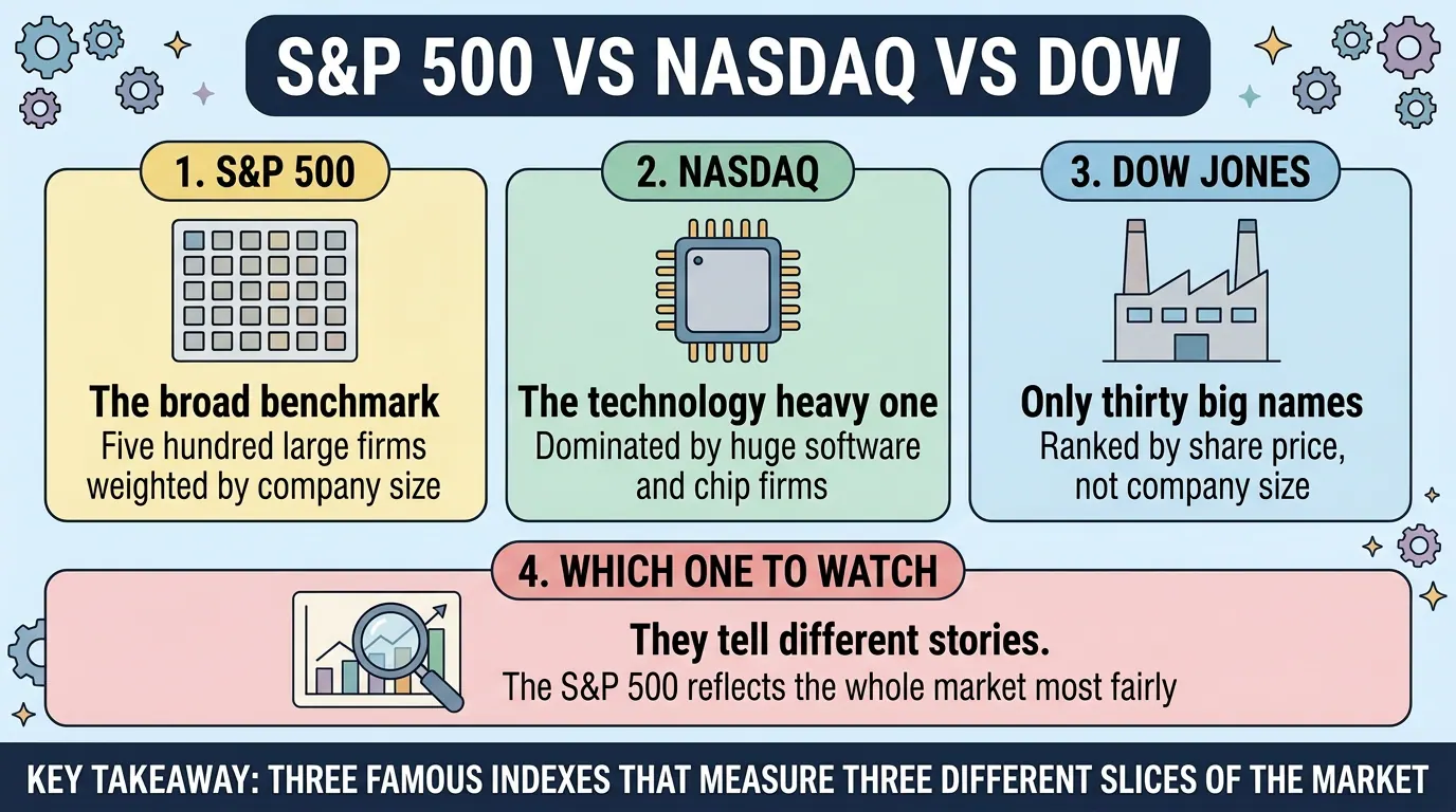 Three index profiles: the S&P 500 as the broad benchmark of 500 large firms weighted by size, the NASDAQ as the technology heavy one, and the Dow as thirty names ranked by share price.