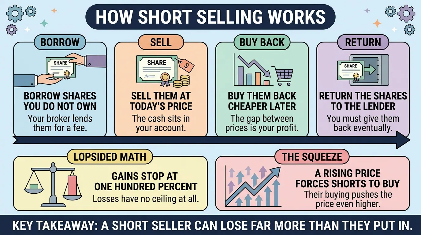 Four step flow of a short sale: borrow shares, sell at today price, buy back cheaper, return them. Two panels warn that gains cap at one hundred percent while losses have no ceiling.
