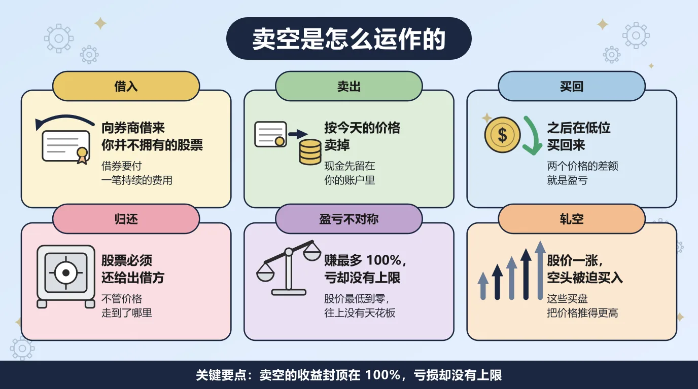 卖空的四个步骤和两个风险：先向券商借来自己并不拥有的股票，借券要付一笔持续的费用；按今天的价格卖掉，现金先留在账户里；之后在低位买回来，两个价格之间的差额就是盈亏；股票必须还给出借方，不管价格走到了哪里。赚最多 100%，因为股价最低只能到零，亏损却没有上限；股价一涨，空头被迫买入，这些买盘又把价格推得更高。