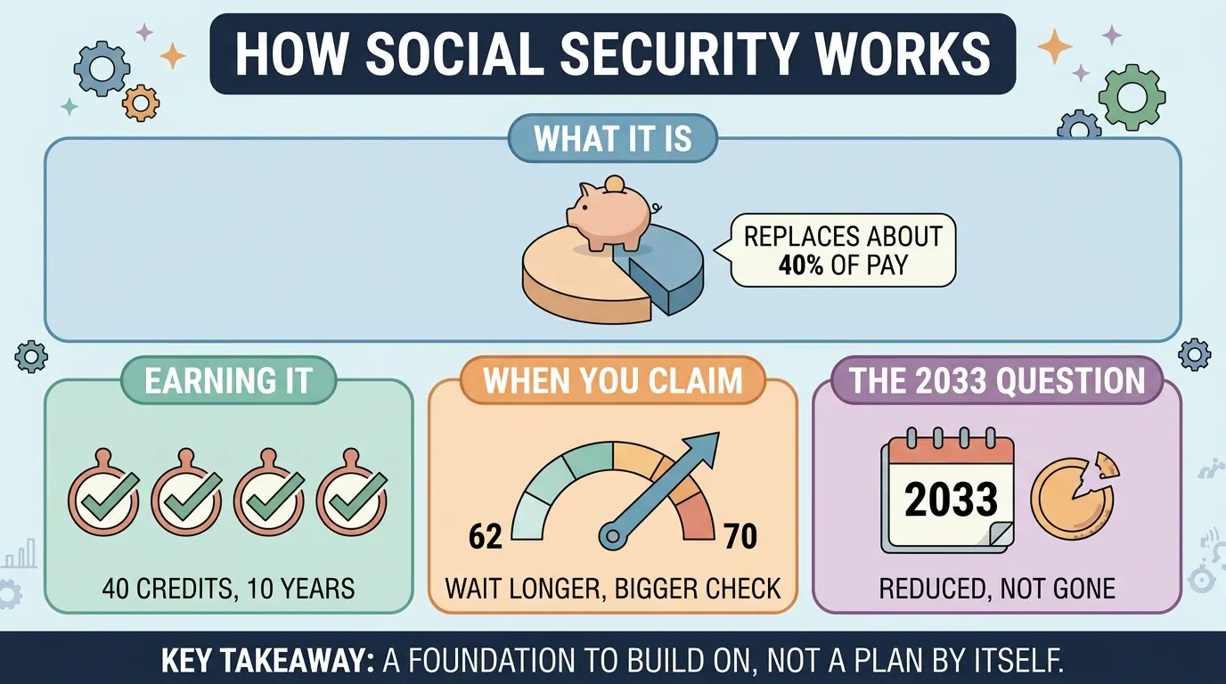 How Social Security works: it replaces about 40% of pay, takes 40 credits over 10 years to earn, pays more the longer you wait between 62 and 70, and would be reduced, not gone, once the trust fund runs dry.