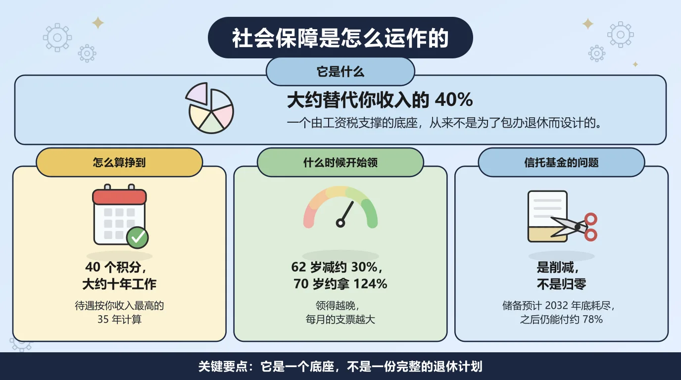 社会保障怎么运作：它大约替代退休前收入的 40%，需要 40 个积分、大约十年工作才有资格，待遇按你收入最高的 35 年计算；62 岁开始领会永久减少约 30%，等到 70 岁约能拿到 124%；信托基金储备预计 2032 年底耗尽，之后进账的工资税仍能覆盖约 78% 的待遇，所以是削减而不是归零。
