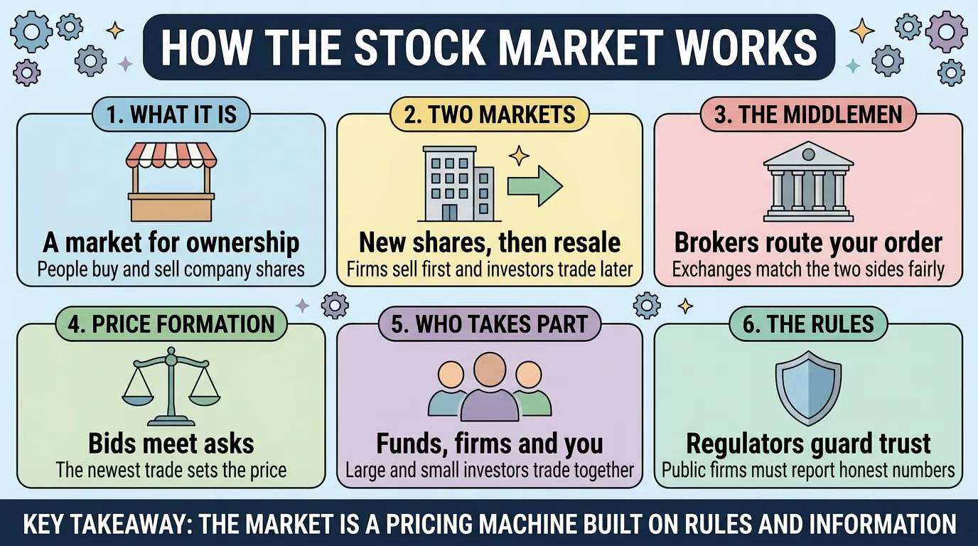 Six panels on how the market works: a marketplace for ownership, new shares then resale, brokers and exchanges, bids meeting asks, who takes part, and regulators enforcing honest reporting.