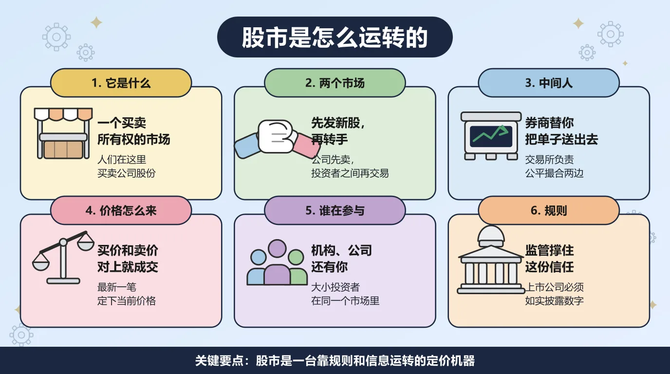 股市运转的六个方面：它是一个买卖公司所有权的市场；公司先在一级市场发新股，投资者再在二级市场彼此转手；券商替你把单子送出去，交易所负责撮合；买价和卖价对上就成交，最新一笔定下当前价格；机构、公司和个人在同一个市场里交易；监管要求上市公司如实披露数字。