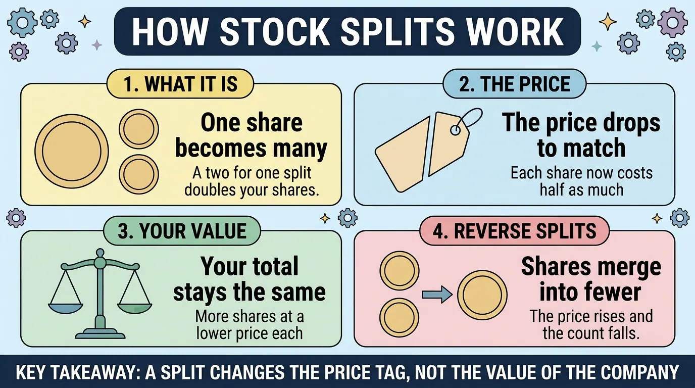 Four panels on splits: one share becomes many, the price drops to match, your total value stays the same, and reverse splits merge shares into fewer at a higher price.