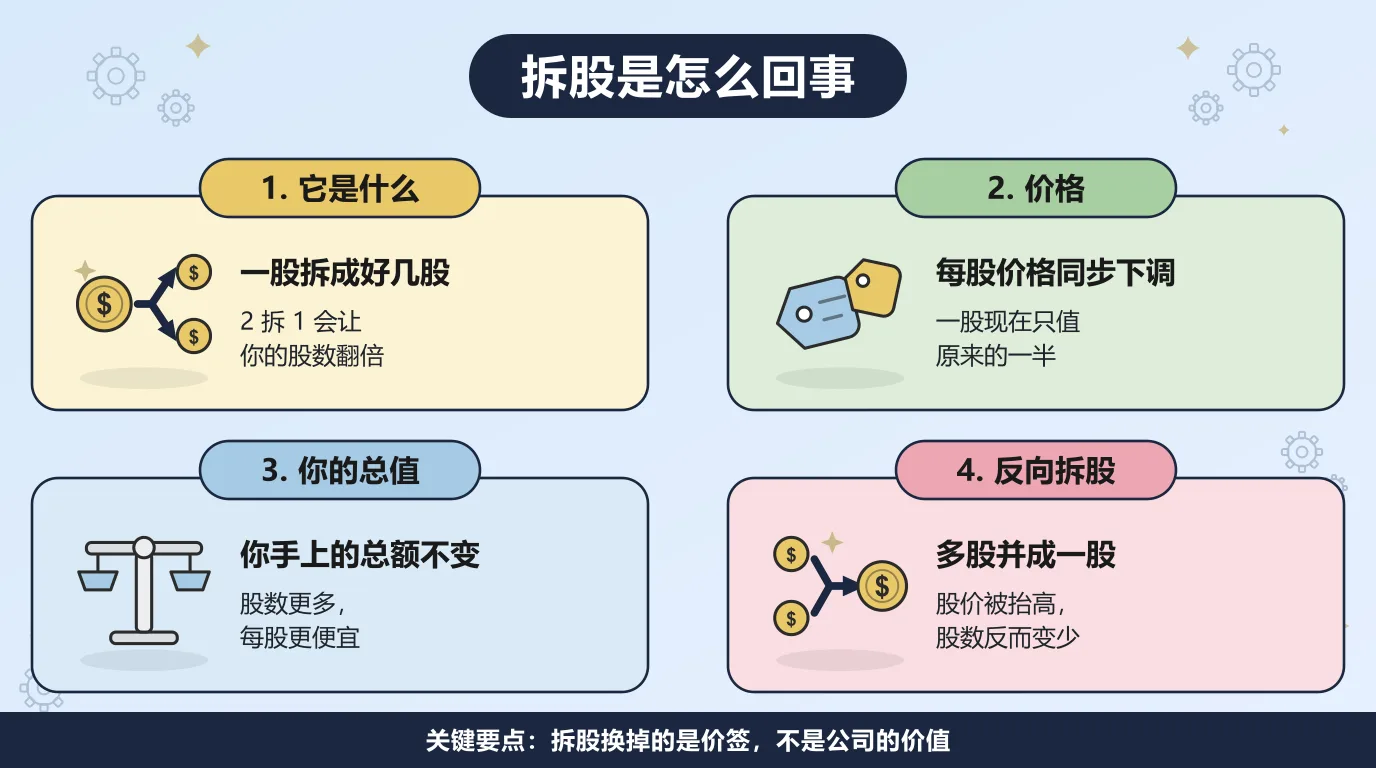 关于拆股的四件事：一股拆成好几股，2 拆 1 会让你的股数翻倍；每股价格同步下调，一股现在只值原来的一半；你手上的总额不变，只是股数更多、每股更便宜；反向拆股相反，把多股并成一股，股价被抬高、股数反而变少。