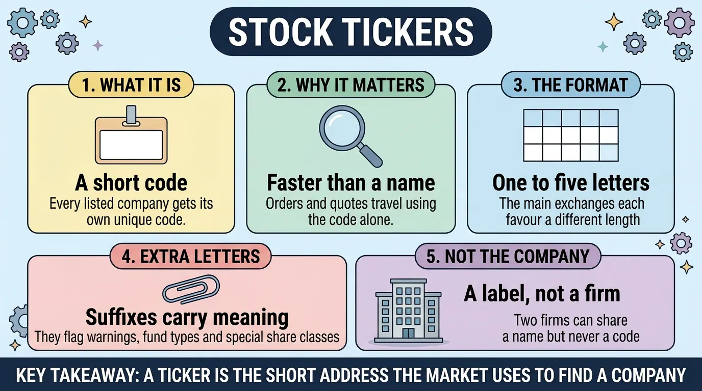 Five panels on stock tickers: a unique short code for every listed company, faster to route than a name, one to five letters, suffixes that carry meaning, and a label rather than the firm.