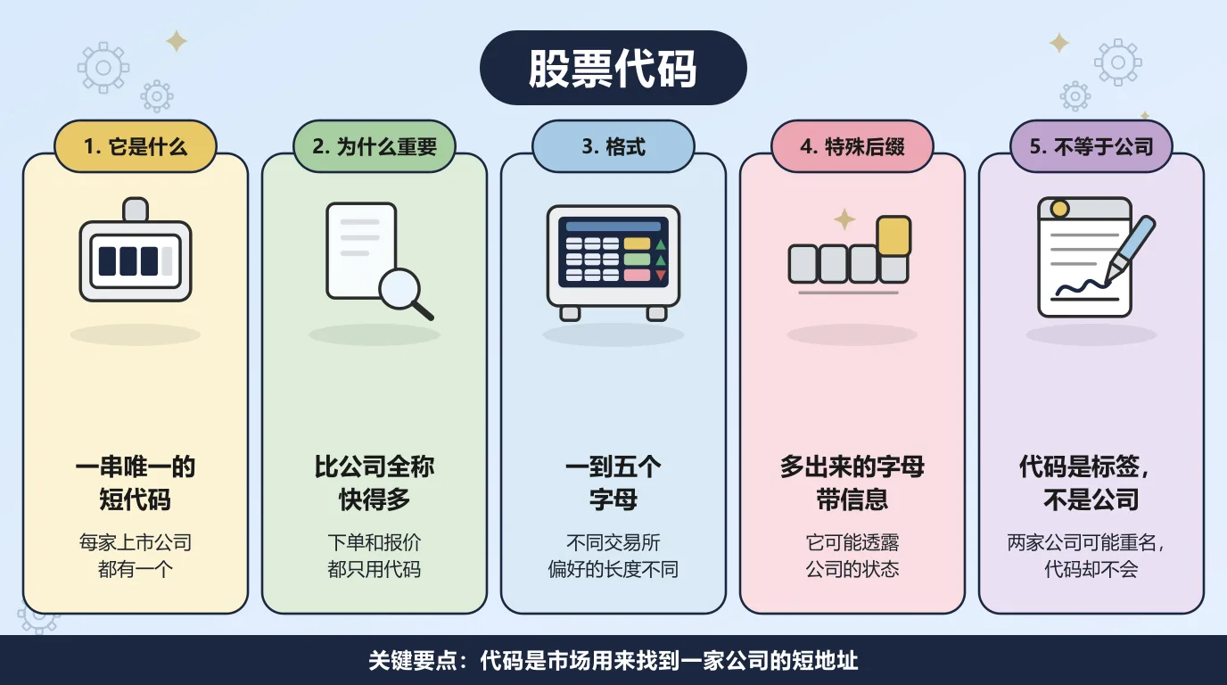 关于股票代码的五件事：每家上市公司都有一个唯一的短代码；下单和报价都只用代码，比公司全称快得多；代码通常是一到五个字母，不同交易所偏好的长度不同；多出来的字母和后缀会透露公司的状态或者股份类别；代码只是标签，公司名才是它的法律身份。