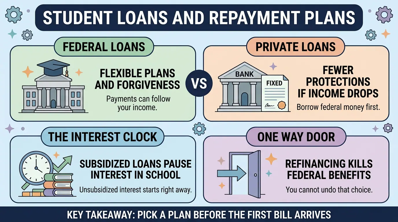 Federal versus private student loans compared, plus panels on subsidized loans pausing interest while in school and refinancing permanently giving up federal protections.