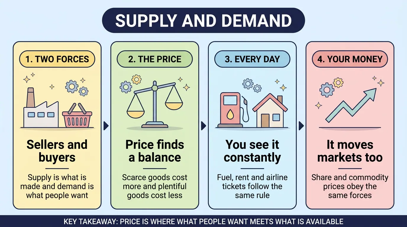 Four stage explainer of supply and demand: sellers and buyers as two forces, price settling where they balance, everyday cases like fuel and rent, and the same forces moving markets.