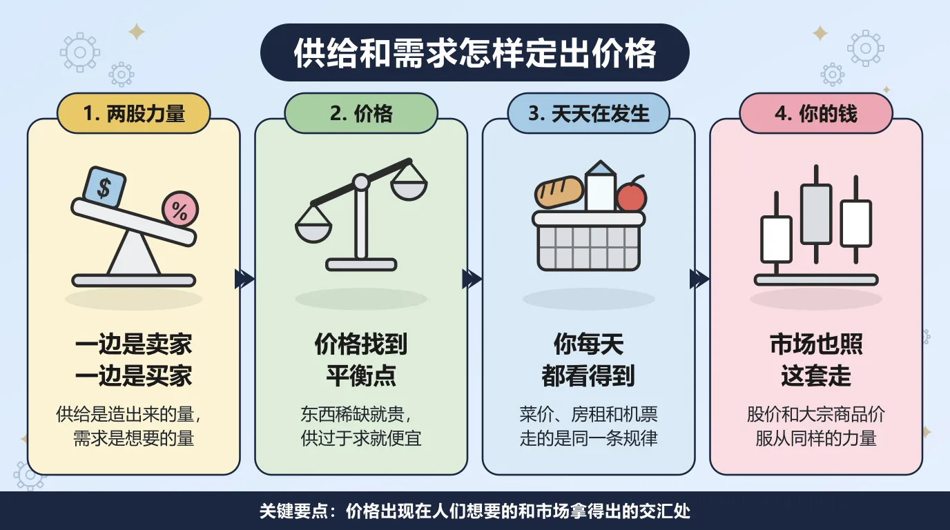 供给和需求的四个阶段：一边是卖家一边是买家，价格在这两股力量之间找到平衡点，稀缺的东西贵、供过于求的便宜，菜价房租和机票天天都在演示这条规律，股价和大宗商品价格也服从同样的力量。