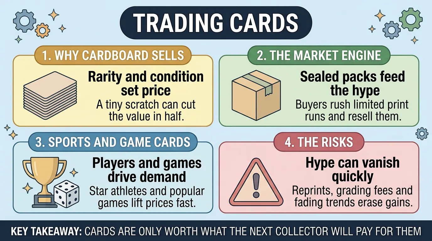 Four panels on trading cards as speculation: rarity and condition set price, sealed packs feed hype, star players and games drive demand, and reprints or fading trends erase gains.