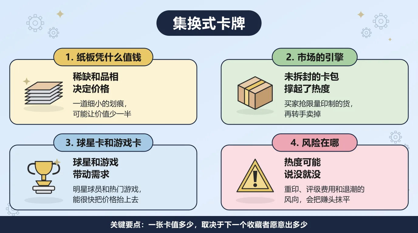 把集换式卡牌当投机性资产看的四个方面：稀缺和品相决定价格，一道细小的划痕可能让价值少一半；未拆封的卡包撑起热度，买家抢限量印制的货再转手卖掉；球星和游戏带动需求，明星球员和热门游戏能很快把价格抬上去；而风险在于热度说没就没，重印、评级费用和退潮的风向会把赚头抹平。
