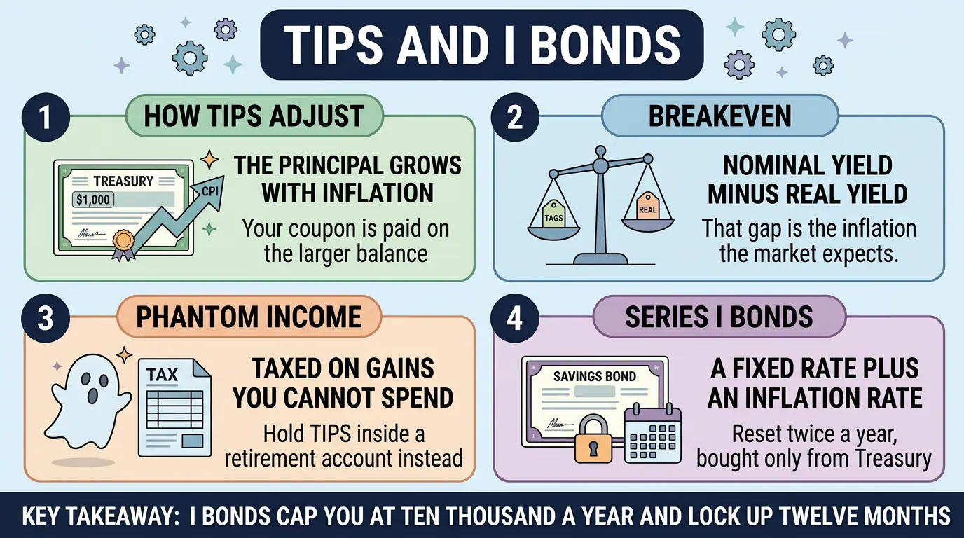 Four panels comparing TIPS and I bonds: TIPS principal grows with inflation, the breakeven is nominal minus real yield, phantom income is taxed, and I bonds reset twice a year.