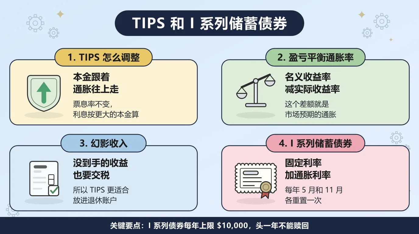 TIPS 和 I 系列储蓄债券的四个要点：TIPS 的票息率不变，本金跟着通胀往上走，利息按更大的本金计算；名义收益率减去实际收益率就是盈亏平衡通胀率，也就是市场预期的通胀；每年的本金调整在现金到手之前就要交税，所以 TIPS 更适合放进退休账户；I 系列债券把一个固定利率和每年 5 月、11 月重置的通胀利率配在一起。