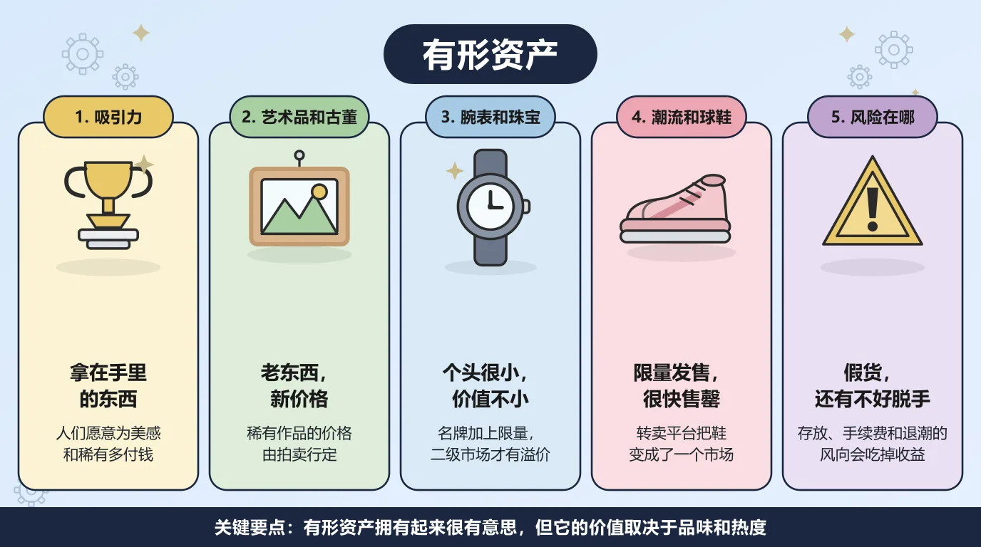 有形资产的五个方面：人们愿意为拿在手里的美感和稀有多付钱；艺术品和古董是老东西卖出新价格，稀有作品的价格由拍卖行定；腕表和珠宝个头很小、价值不小，名牌加上限量，二级市场才有溢价；球鞋靠限量发售很快售罄，转卖平台把鞋变成了一个市场；风险在于假货和不好脱手，存放、手续费和退潮的风向会吃掉收益。